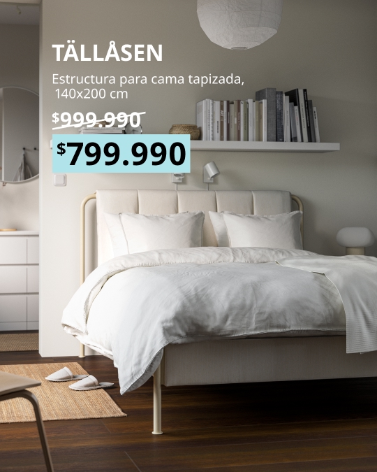 Cama tapizada TÄLLÅSEN de 140x200 cm en tela Kulsta beige claro, con cabecera amplia y diseño acolchado.