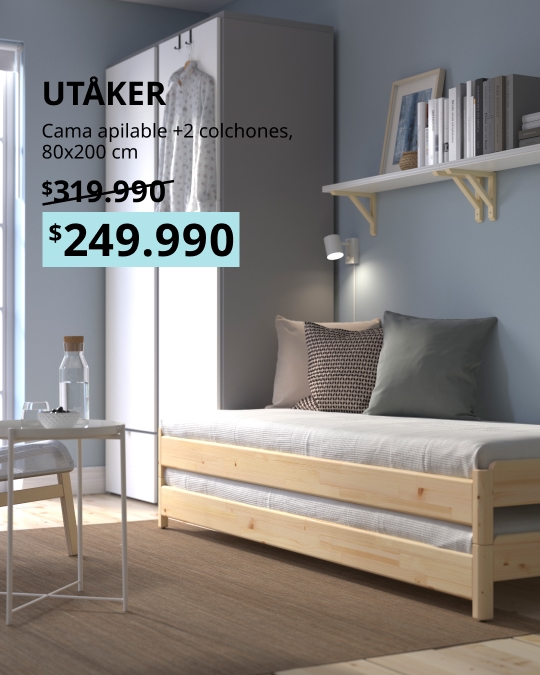 Camas apilables UTÅKER en pino con dos colchones ÅGOTNES firmes de 80x200 cm, presentadas como set de dos piezas.