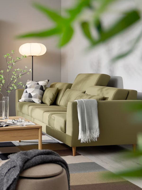 Canapé vert en arrière plan, avec une plante verte floutée en premier plan...