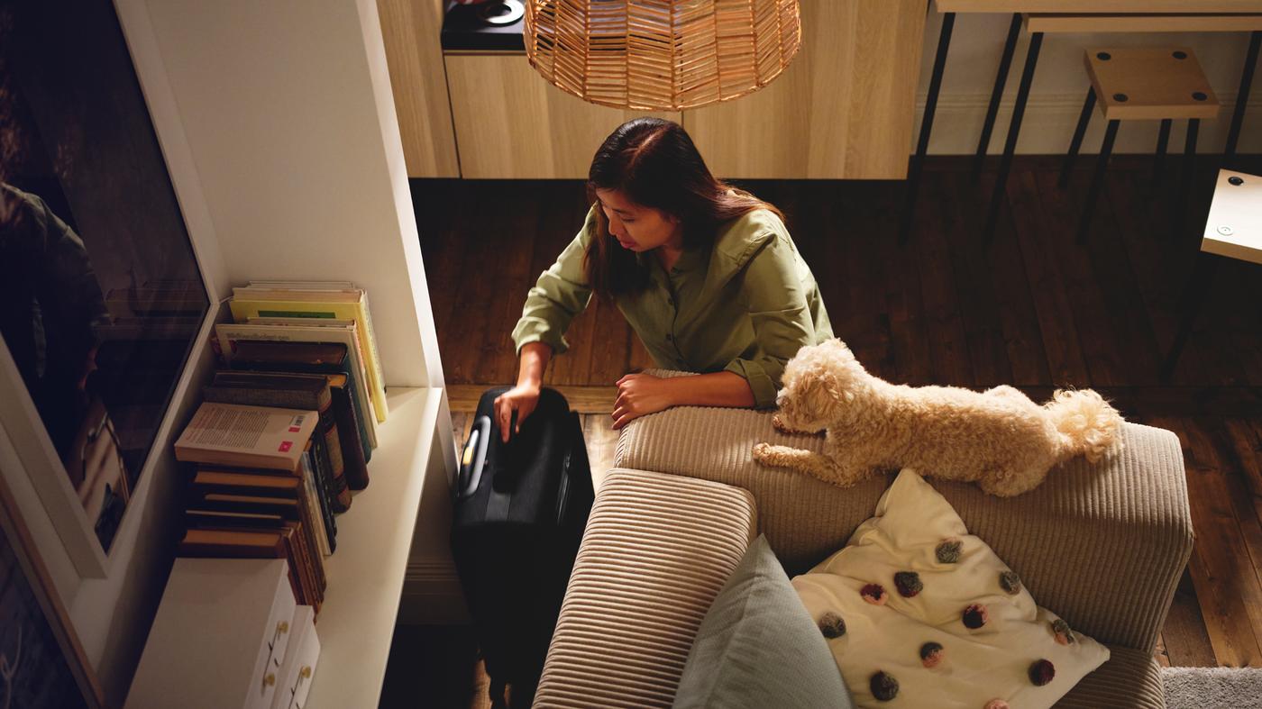 Cão junto a uma pessoa a tirar mala com rodas VÄRLDENS em preto de trás de sofá modular de 3 lugares JÄTTEBO.