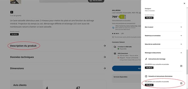Capture d'écran de la fenêtre contextuelle d'information sur le produit