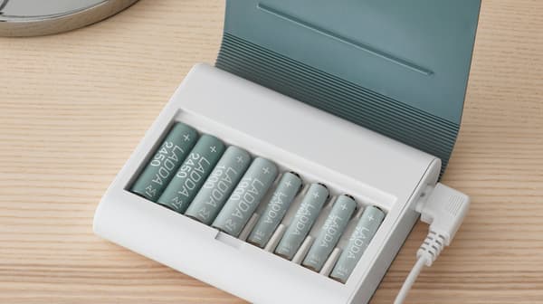 Caricabatteria con custodia, grigio-verde su una scrivania in legno