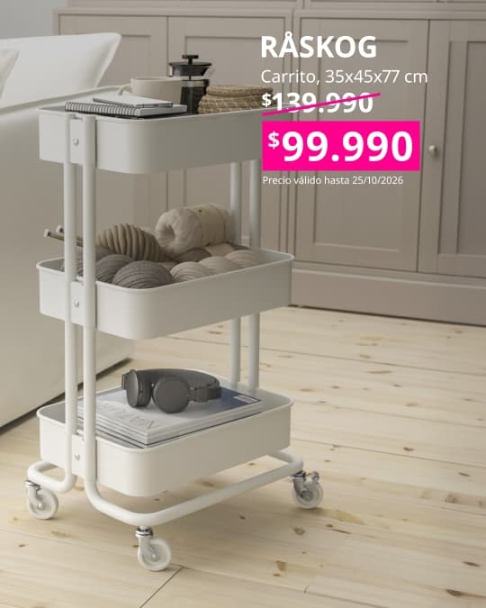 Carro auxiliar RÅSKOG blanco de 35x45x77 cm con varios niveles para organizar objetos en el hogar.