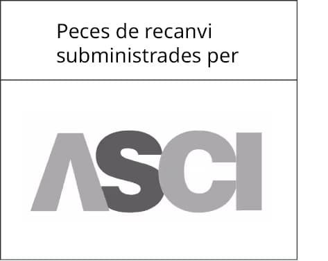 Cartell amb el text “Peces de recanvi subministrades per” i el logotip d’ASCI en tons de gris.