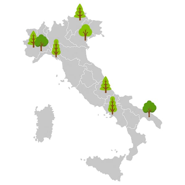 Cartina dell'Italia con indicazioni degli interventi di riforestazioni in collaborazione con IKEA Italia