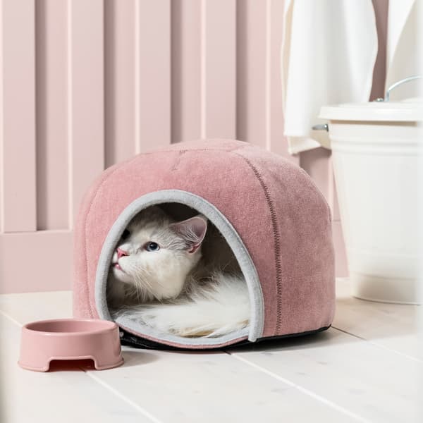 Cat peeking out of round, pouffe-shaped cat house made from soft fabric. A colour-matched pet bowl next to the opening.