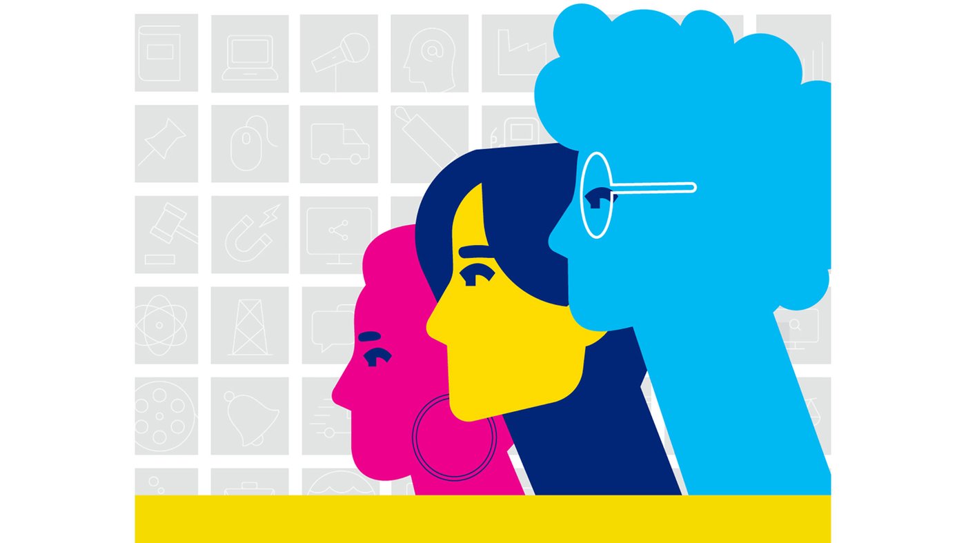 Graphic of 3 heads in different colors- blue, yellow and pink- against a gray and white grid pattern, symbolizing equality.