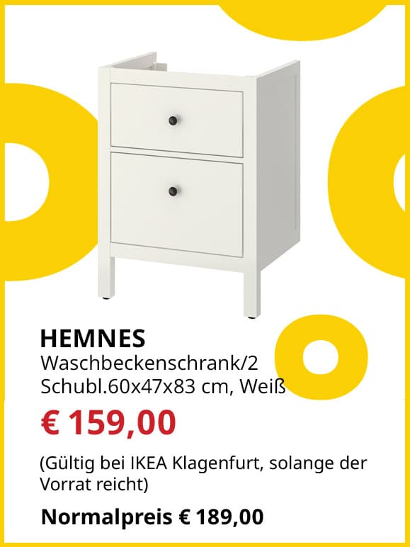 ccWaschbeckenschrank mit 2 Schubladen Hemnes, 60x47x83cm, weiß, statt € 189 um € 159.