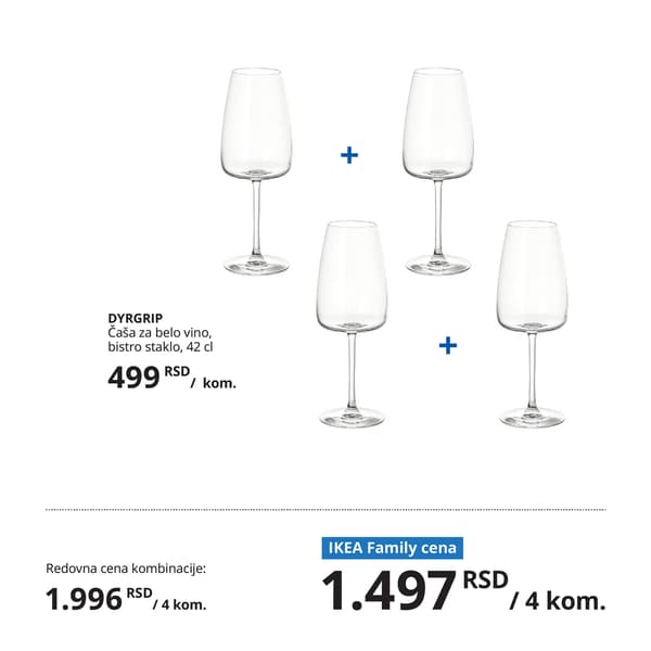 Četiri elegantne vinske čaše DYRGRIP od bistrog stakla. Prikazane u setu, s naglaskom na duguljasti oblik čaša. Ispod proizvoda prikazane su redovne i IKEA Family cene.