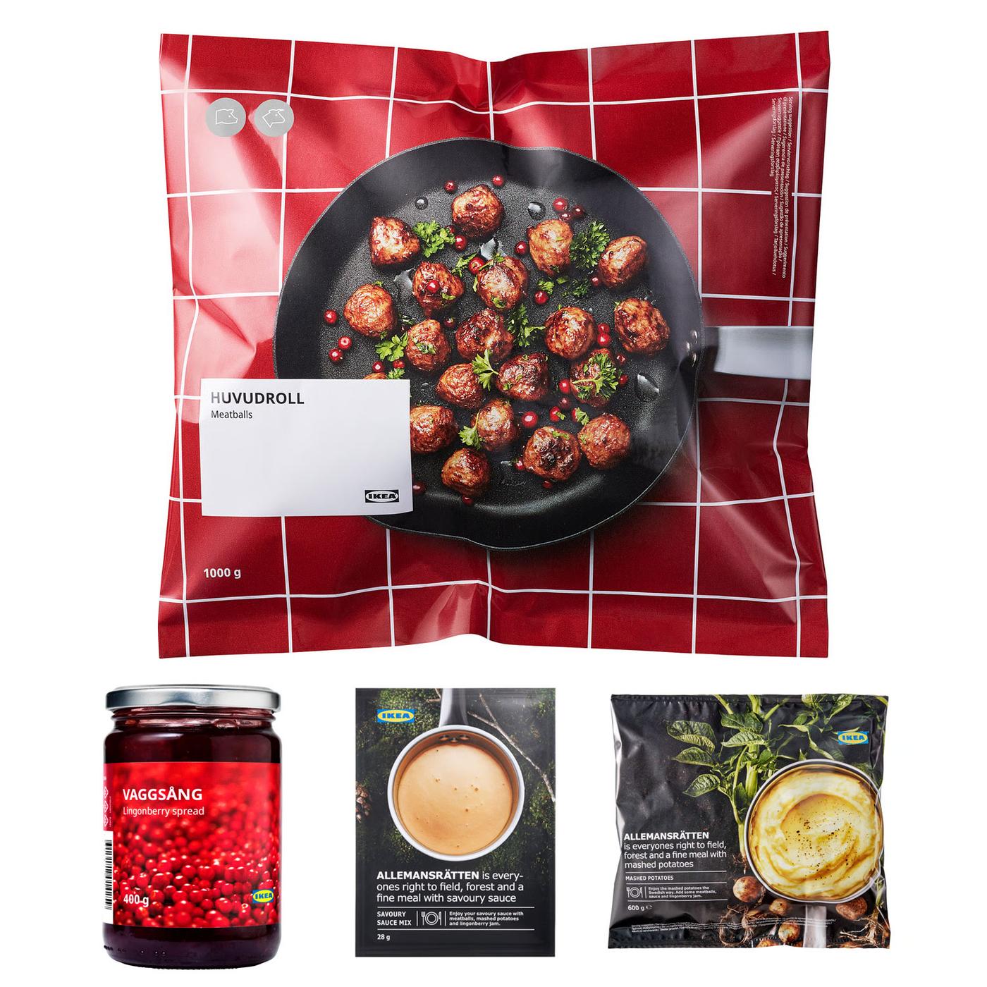 Četiri IKEA prehrambena proizvoda: vrećica mesnih okruglica HUVUDROLL (1000 g), staklenka brusničnog džema VAGGSÄNG (400 g), mješavina umaka i vrećica pirea ALLEMANSRÄTTEN.