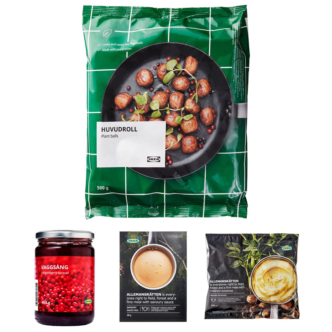 Četiri IKEA prehrambena proizvoda: zelena vrećica biljnih okruglica HUVUDROLL (500 g), staklenka brusničnog džema VAGGSÄNG (400 g), mješavina umaka i vrećica pirea ALLEMANSRÄTTEN.