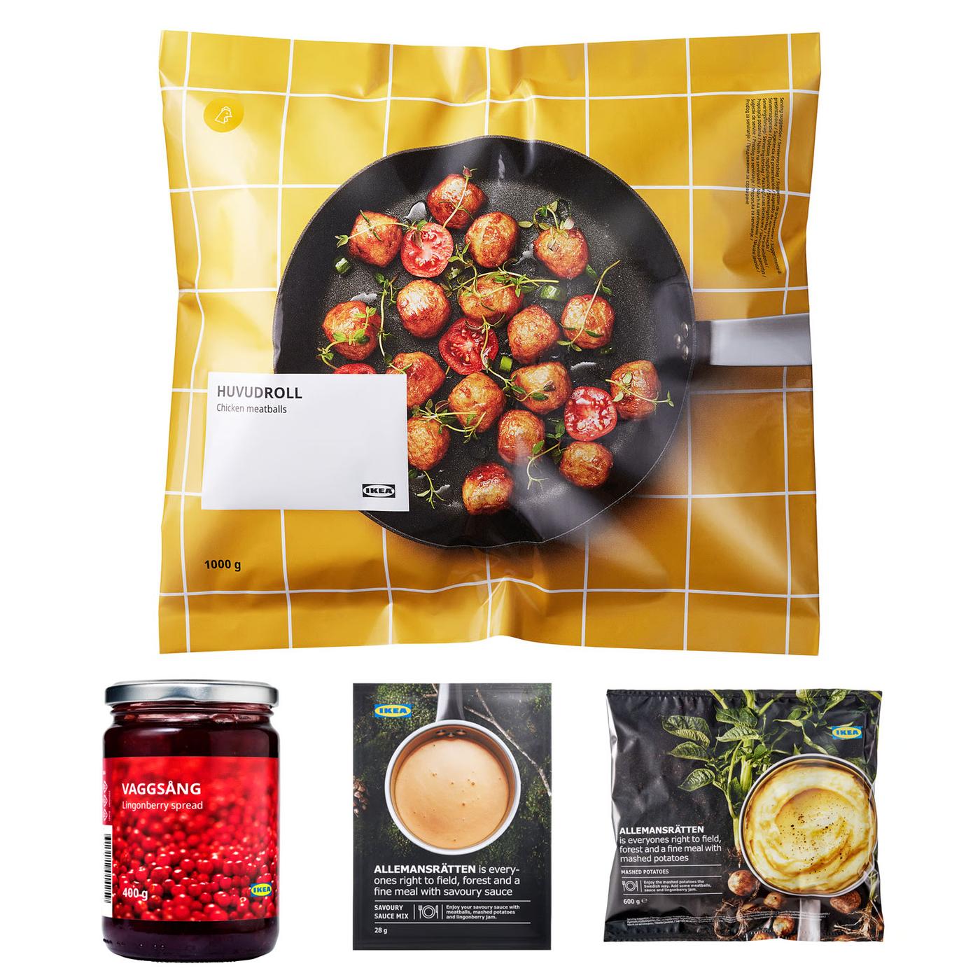 Četiri IKEA prehrambena proizvoda: žuta vrećica pilećih okruglica HUVUDROLL (1000 g), staklenka brusničnog džema VAGGSÄNG (400 g), mješavina umaka i vrećica pirea ALLEMANSRÄTTEN.