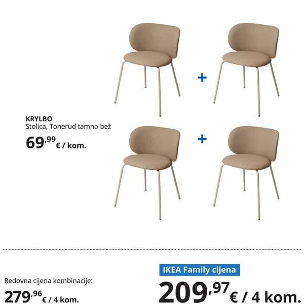 Četiri KRYLBO stolice s presvlakom od tamno bež tkanine i tankim metalnim nogama, prikazane kao set od četiri komada. Ispod proizvoda prikazane su redovna i IKEA Family cijena.