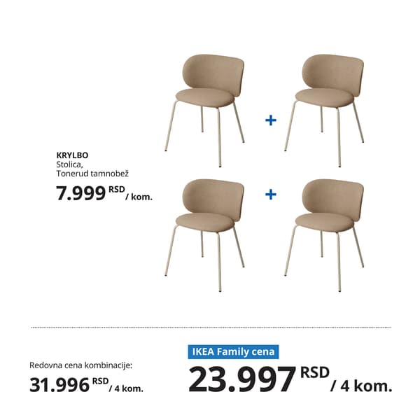 Četiri moderne KRYLBO stolice tapacirane u tkanini tamnobež boje sa metalnim nogama. Stolice su prikazane u setu od četiri, uz naglašene pojedinačne i paket cene. Ispod proizvoda su prikazane redovne i IKEA Family cene.
