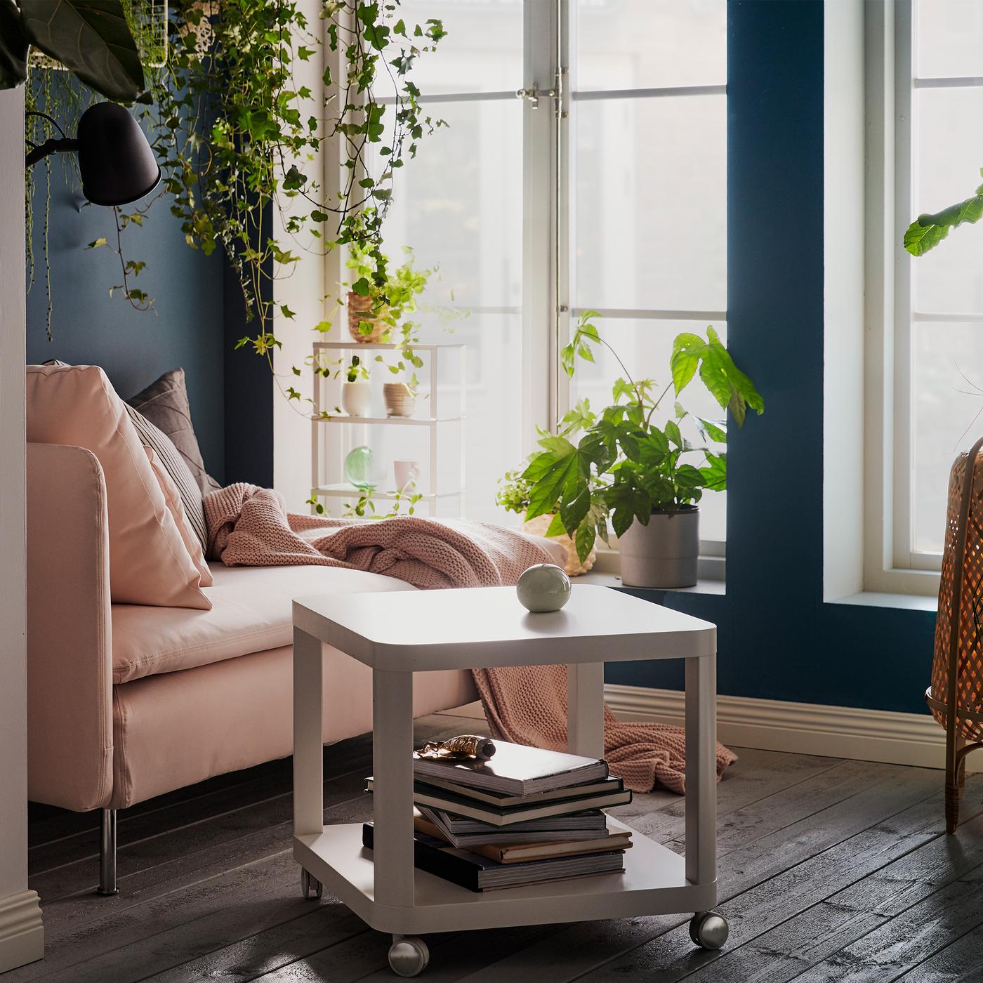 Chaise longue by sunlit, tall windows. Cushions, throw and reading lamp. Plants on the sill, hanging, and on wall shelves.