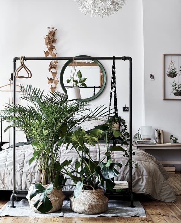 Chambre à coucher avec plantes et rail suspendu au pied du lit.