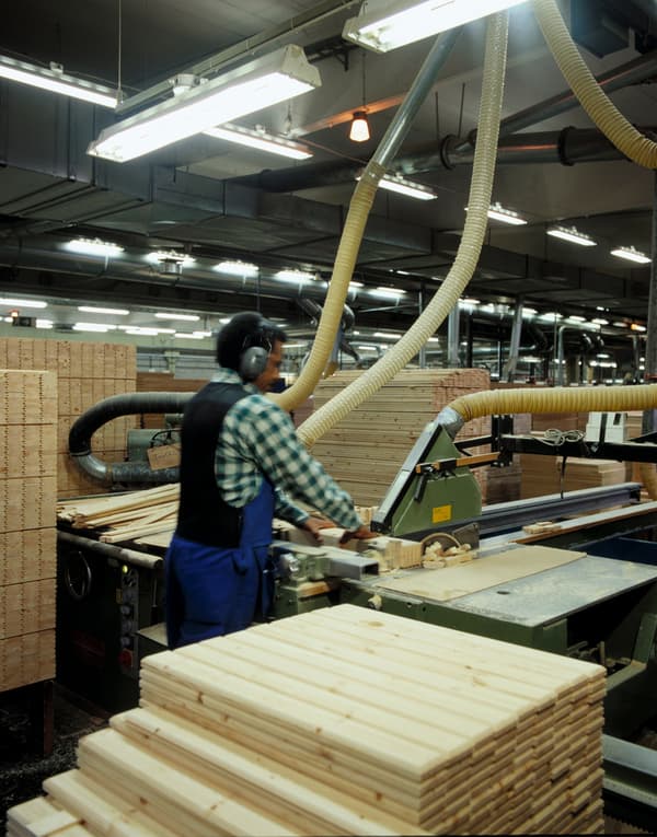 Charpentier portant protection pour les oreilles entouré de piles de planches de bois, sciant du bois avec une machine dans une usine.