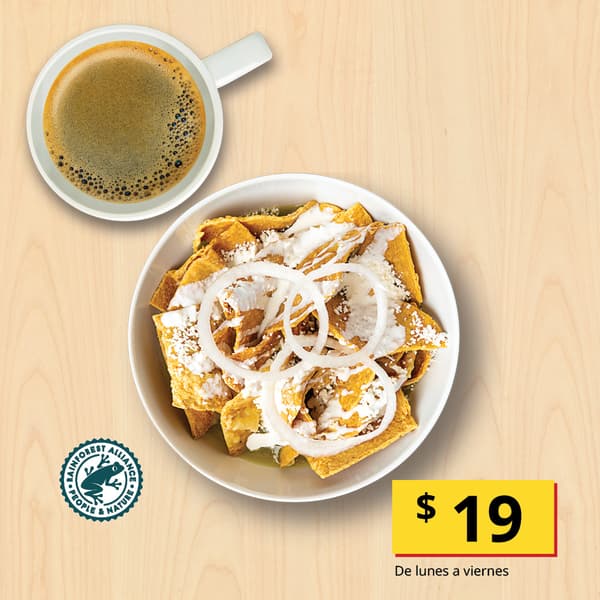 Chilaquiles sencillos chicos$19Servidos con salsa verde o roja.

Incluye café americano de refill.