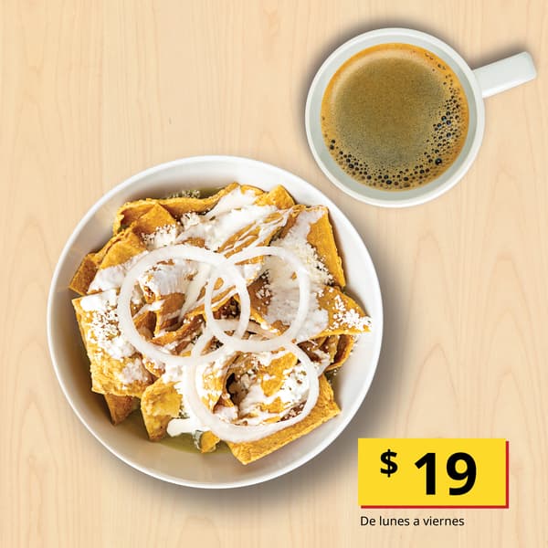 Chilaquiles sencillos chicos$19Servidos con salsa verde o roja.

Incluye café americano de refill.