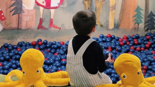 Child from behind in Småland children's play area with two yellow soft toys octopuses next to him
