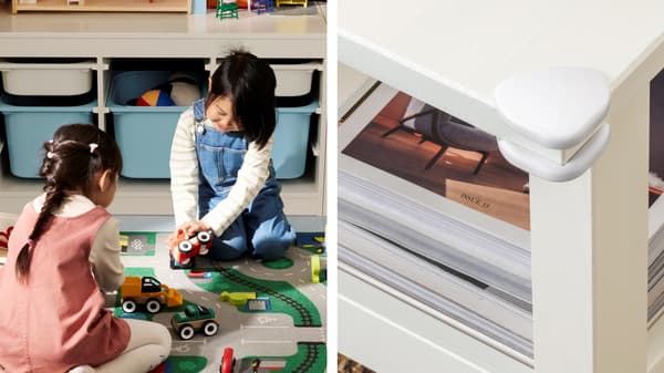 Child playing with wooden toys on a road-pattern rug in front of storage units, alongside a close-up of a table corner with white corner protectors attached.