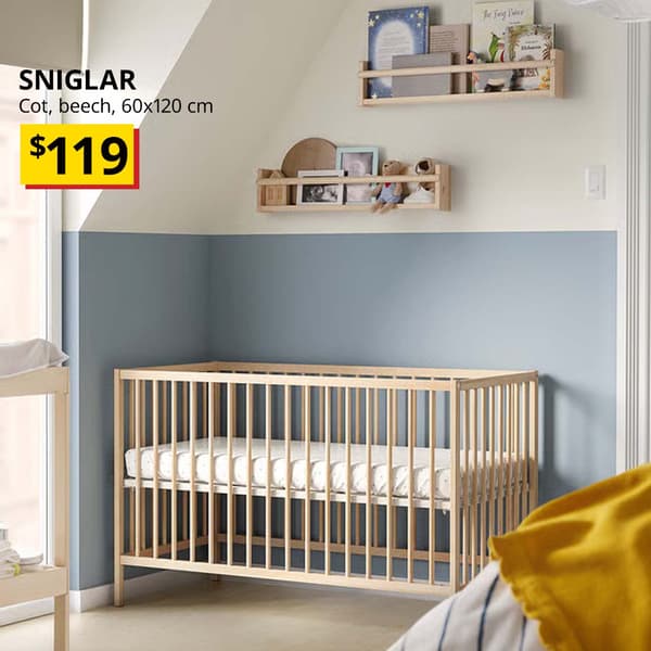 Children and baby's nursery room with beech SNIGLAR cot, 60x120 cm. $119.