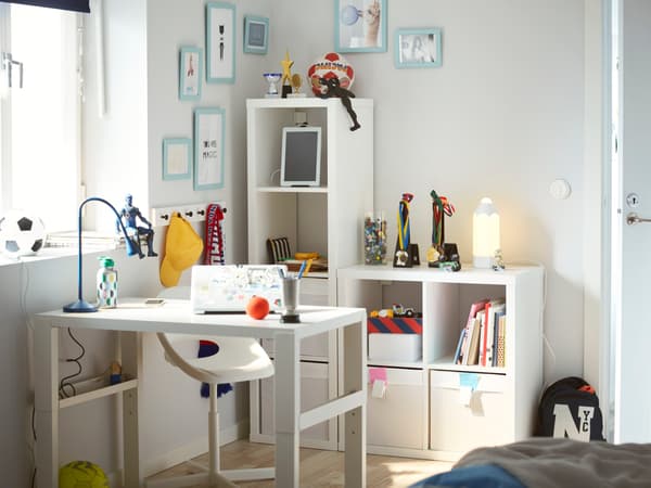 Children's room with IKEA desk, chair, KALLAX and school supplies