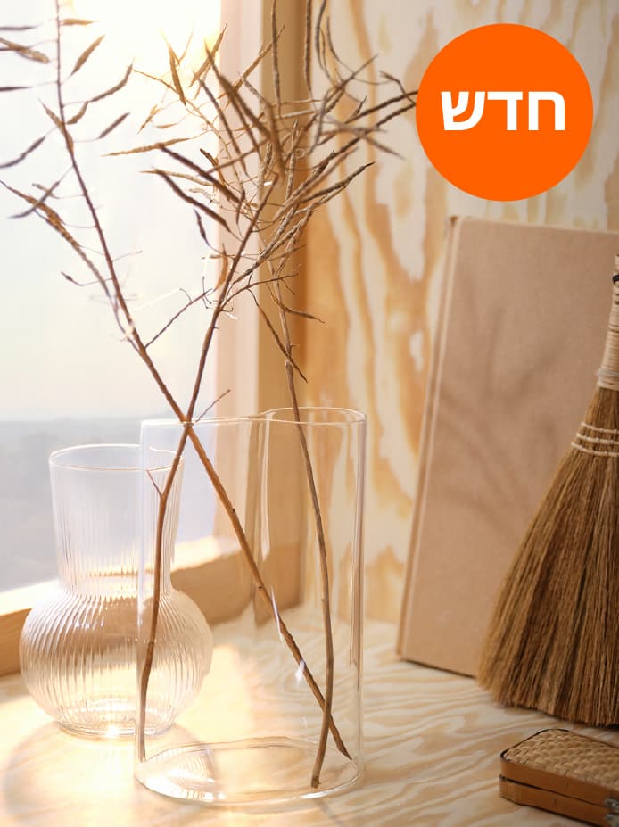 אגרטל/משפך CHILIFRUKT מזכוכית שקופה ובתוכו צמחים מיובשים, ואגרטל PÅDRAG עומדים מול חלון.