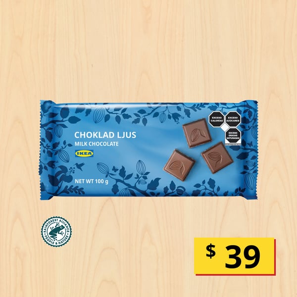 Choklad ljus
Tableta chocolate c/leche, Rainforest Alliance Certified, 100 g
