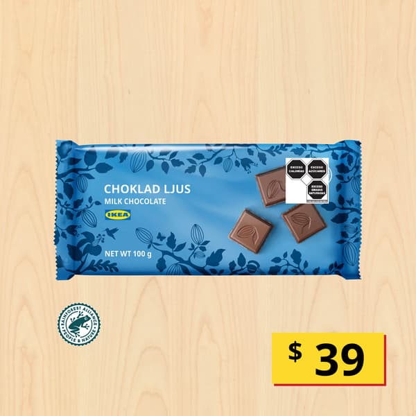 Choklad ljus
Tableta chocolate c/leche, Rainforest Alliance Certified, 100 g