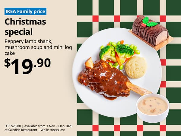 Christmas special, peppery lamb shank, mushroom soup and mini log cake
