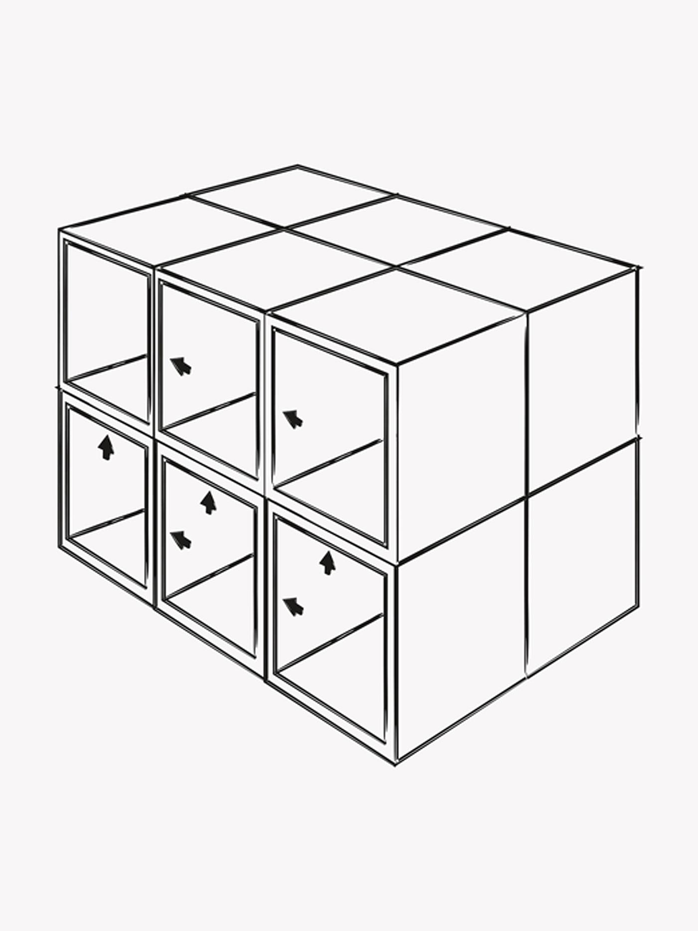 Čierno-biela ilustrácia skriniek 12 IKEA METOD v dvoch radoch po troch v každom rade. Šípky naznačujú, ako ich spolu prepojiť.