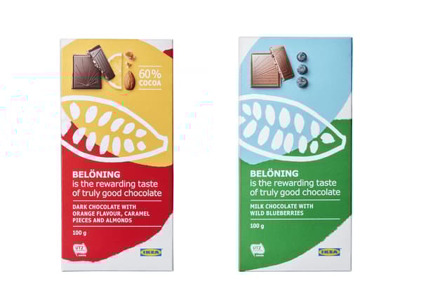 Cioccolato in confezione rossa e arancione e in confezione verde e blu.