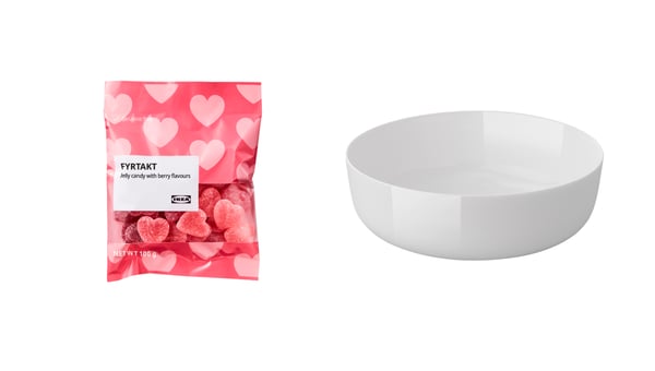 Ciotola grigio chiaro VITBLECKA e caramelle gommose FYRTAKT, gusto di frutti di bosco, 100 g