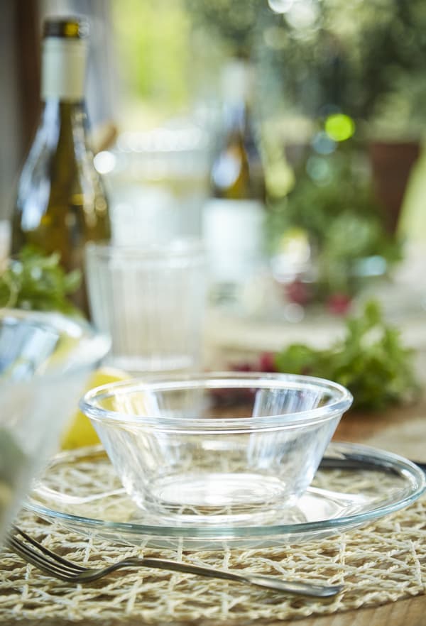 Clear-glass serveware and crockery.