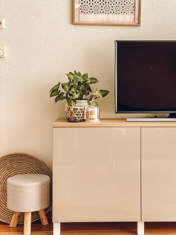 close-up of a modern cabinet with plants on top and a stool on the side