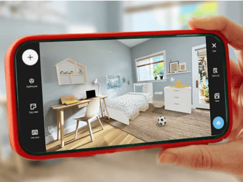 Close-up of a smartphone screen using IKEA Kreativ to visualise a children's bedroom.