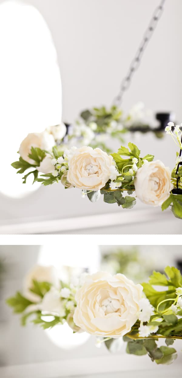 Close-up of a white and green flower garland decoration.
