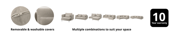 Close-up of beige fabric zip and cushion showing removable and washable covers. Beige modular sofa components shown in six configurations from single chair to sectional. Text reads 'Removable & washable covers' and 'Multiple combinations to suit your space'. Icon on right displays '10 Year warranty'.