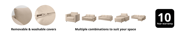 Close-up of beige VIMLE cushion and zipper showing removable and washable covers. Beige modular sofa components arranged in six configurations. Text reads 'Removable & washable covers' and 'Multiple combinations to suit your space'. Icon on the right shows '10 Year warranty'.
