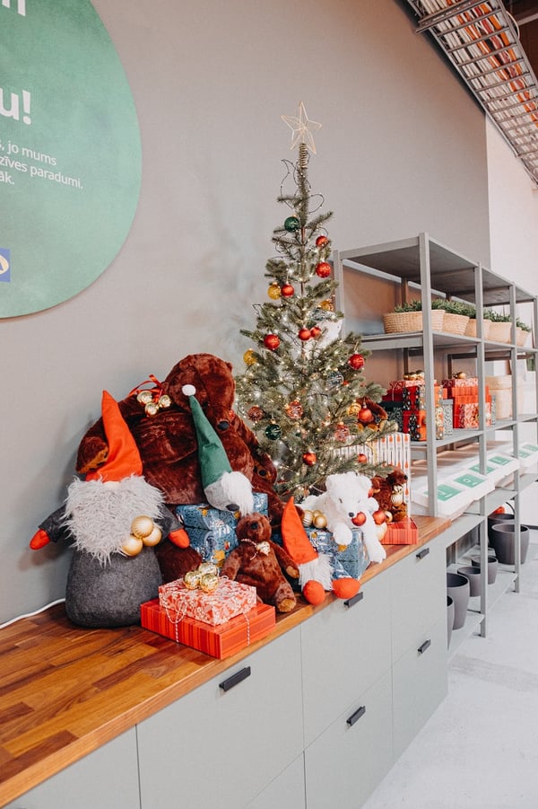 Close-up of IKEA Christmas display featuring plush toys, wrapped presents, and a small decorated tree.