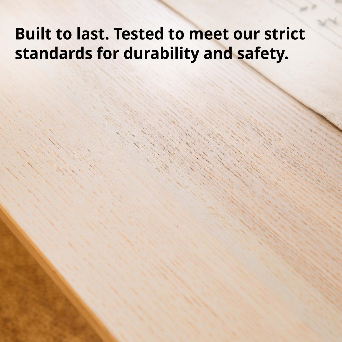 Close-up of LISABO tabletop. Text on image reads: Built to last. Tested to meet our strict standards for durability and safety, this table is made for years of everyday use.