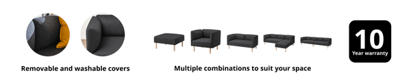 Close-up of modular sofa with removable dark grey fabric covers, followed by modular seating components in various configurations including single seat, corner unit, and L-shaped setup. Text reads 'Removable and washable covers' and 'Multiple combinations to suit your space'. Icon on the right shows '10 Year warranty' in bold.