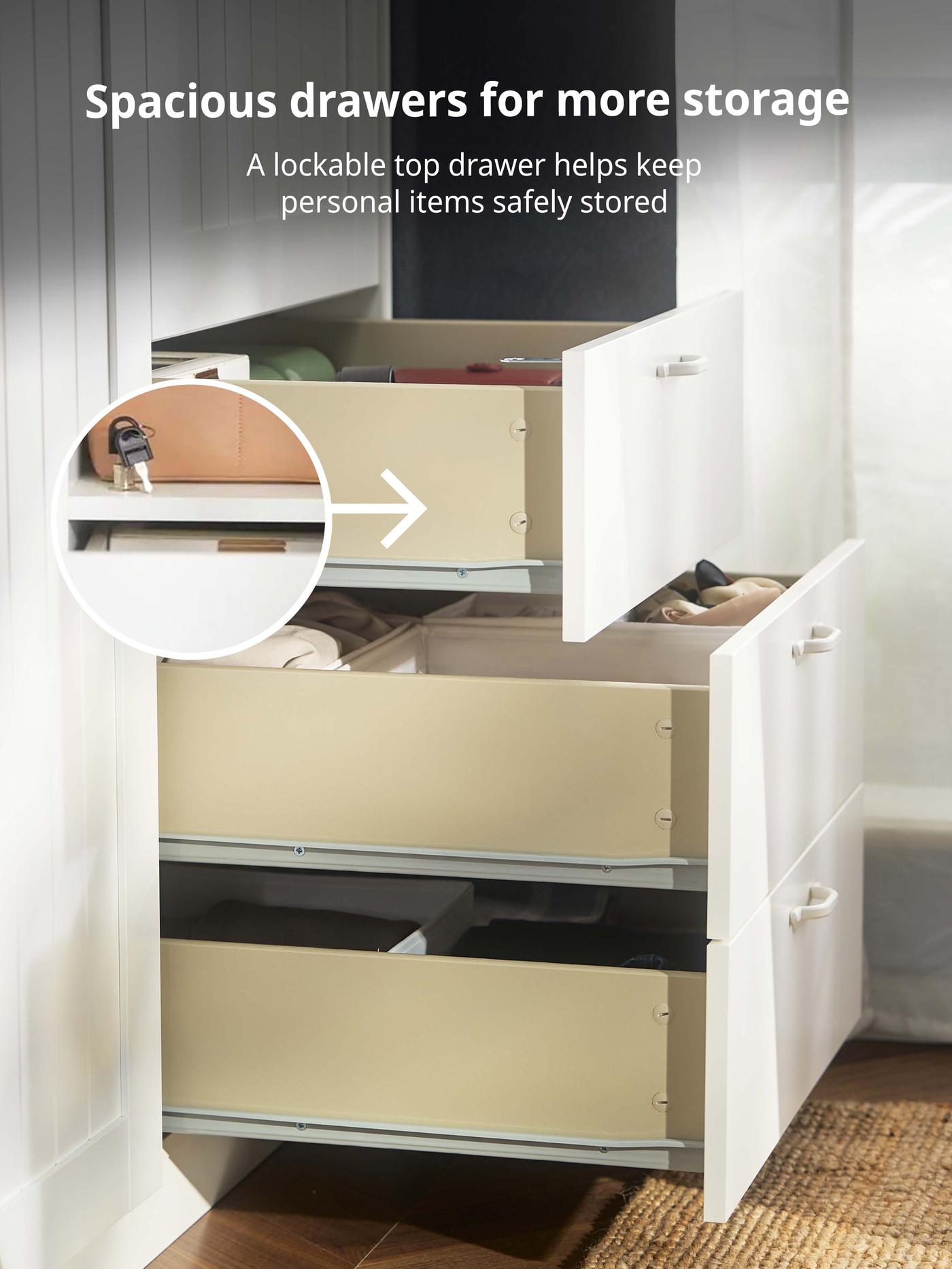 Close up of MUSKEN wardrobe's 3 drawers. Price: $449. Lockable top drawer and spacious drawers for more storage.