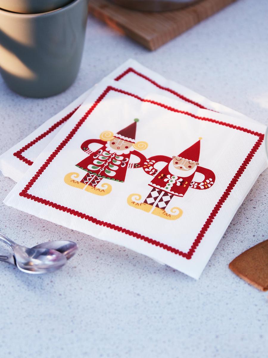 Close-up of VINTERFINT 2022 napkins with Santa Claus patterns.