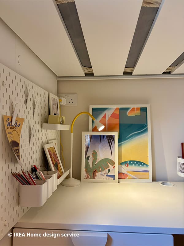 Close-up shot of SKÅDIS pegboard from a traditional modern 4-room BTO flat in MacPherson, Singapore, designed by IKEA Home design service.