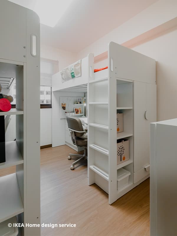 Close-up shot of teen girls' bedroom featuring two SMÅSTAD loft beds from a traditional modern 4-room BTO flat in MacPherson, Singapore, designed by IKEA Home design service.
