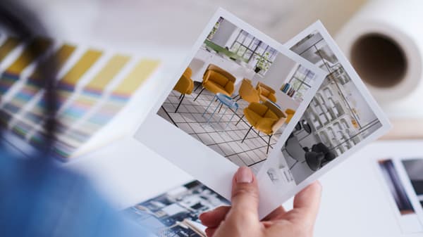 Close-up shot of two Polaroids showing a retail space. 