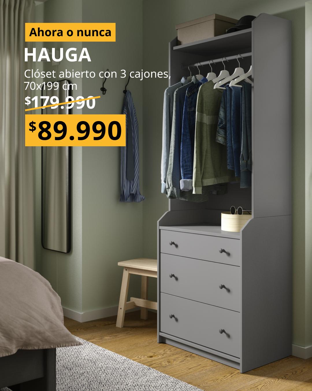Clóset abierto HAUGA color gris con barra para colgar ropa, repisa superior y tres cajones espaciosos.