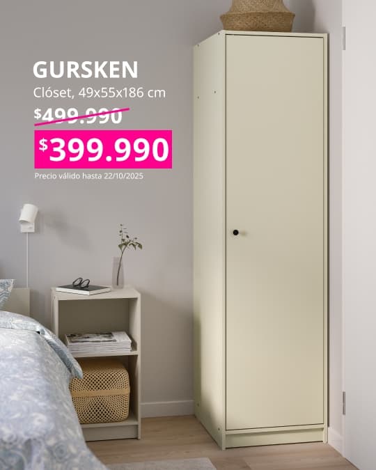 Clóset beige cuadrado BURSKEN junto a velador blanco.
